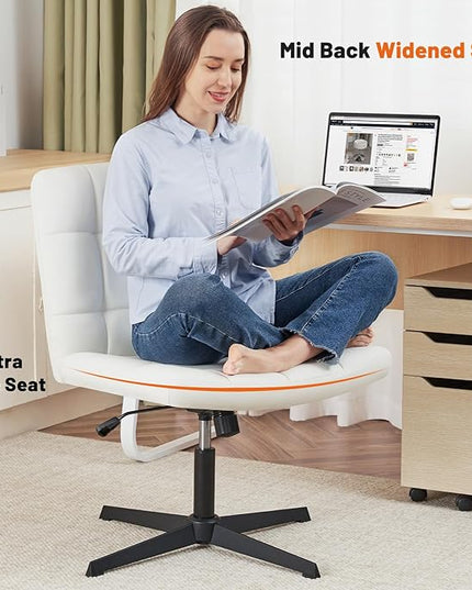 Furniliving Office Desk Chair No Wheels, Criss Cross Legged Office Desk Chair Height Armless Adjustable Wide Home Chair with Mid Back PU-Padded Swivel Accent Vanity Chairs,White - LeafyLoom