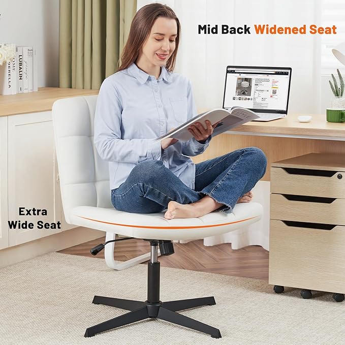 Furniliving Office Desk Chair No Wheels, Criss Cross Legged Office Desk Chair Height Armless Adjustable Wide Home Chair with Mid Back PU-Padded Swivel Accent Vanity Chairs,White - LeafyLoom