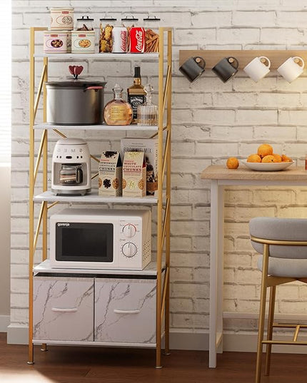 5 Tier Industrial Bookcase Shelf for Bedroom/Living Room/Home Office,Rustic Tall Storage Rack with 2 Drawers,Open Display Standing Shelf Units Shelves for Books and Movies, 22.4 in (Gold,2 Drawers) - LeafyLoom