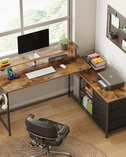 Seventable L Shaped Computer Desk with Drawers, Reversible Gaming Desk with LED Lights & Charging Port, Corner Desk with Storage Shelves & Monitor Stand for Home Office Rustic Brown - LeafyLoom