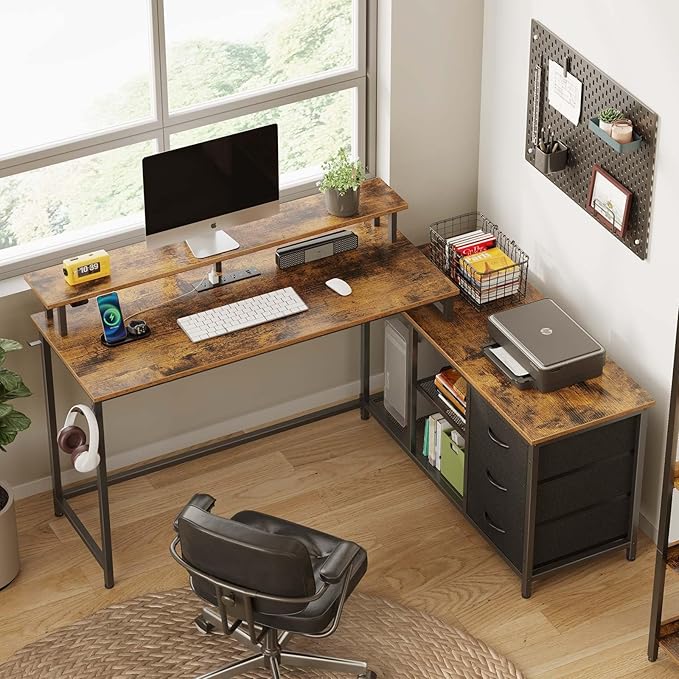 Seventable L Shaped Computer Desk with Drawers, Reversible Gaming Desk with LED Lights & Charging Port, Corner Desk with Storage Shelves & Monitor Stand for Home Office Rustic Brown - LeafyLoom