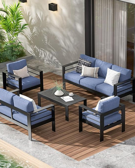 Wisteria Lane Aluminum Outdoor Patio Furniture Set, Modern Patio Conversation Sets, Outdoor Sectional Metal Sofa with 5 Inch Cushion and Coffee Table for Balcony, Garden, Black Frame and Blue Cushion - LeafyLoom