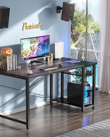 39.4'' Gaming Desk, 39 Inches Computer Desk with Storage, Small Desk for Small Space, Simple Study Student Writing Desk, Laptop Table for Home Office, Grey and Black - LeafyLoom