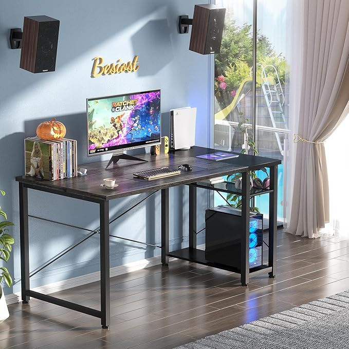 39.4'' Gaming Desk, 39 Inches Computer Desk with Storage, Small Desk for Small Space, Simple Study Student Writing Desk, Laptop Table for Home Office, Grey and Black - LeafyLoom