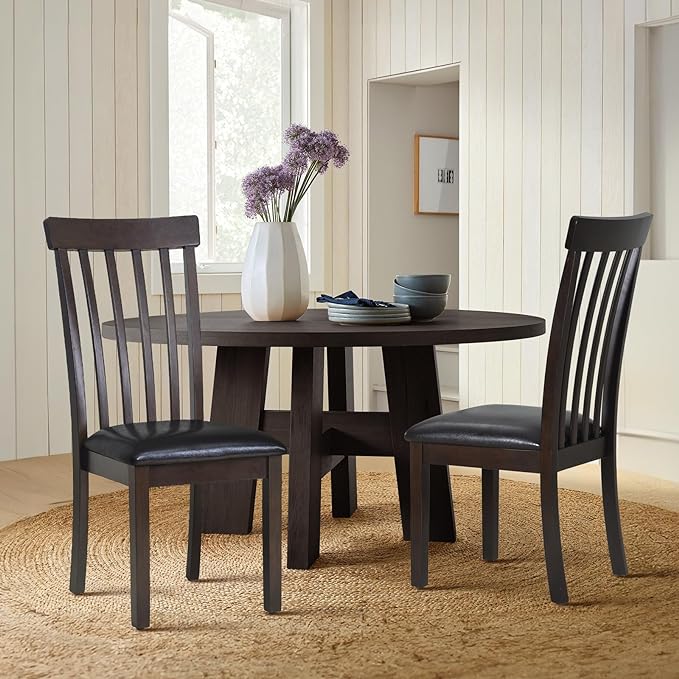 COLAMY Wooden Dining Chairs Set of 2, PU Leather Dining Room Kitchen Side Chair with Spindle High Back and Adjustable Foot Pegs - DarkBrown - LeafyLoom