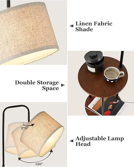 ELYONA Modern Floor Lamp with End Table, 3-Color Temperatures Solid Wood Side Table Lamp with Adjustable Drum Shade, Rustic Reading Standing Light for Bedroom, Living Room, LED Bulb Included, Brown - LeafyLoom