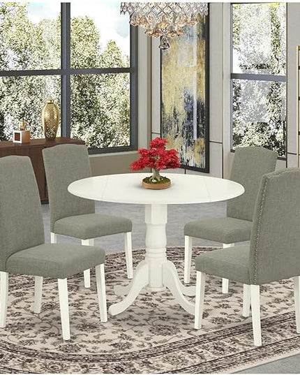 East West Furniture Dublin 5 Piece Kitchen Set includes a Round Dining Table with Dropleaf and 4 Dark Shitake Linen Fabric Upholstered Chairs, 42x42 Inch, DLEN5-LWH-06 - LeafyLoom