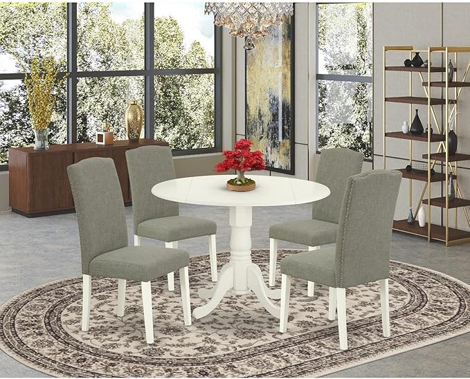 East West Furniture Dublin 5 Piece Kitchen Set includes a Round Dining Table with Dropleaf and 4 Dark Shitake Linen Fabric Upholstered Chairs, 42x42 Inch, DLEN5-LWH-06 - LeafyLoom