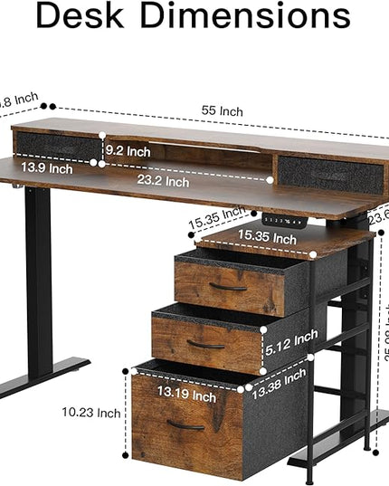 55 Inch Electric Standing Desk with Cabinet & Drawers, Height Adjustable Sit Stand Desk with Monitor Shelf, Smart Home Office Standing Computer Desk, Rustic Brown - LeafyLoom