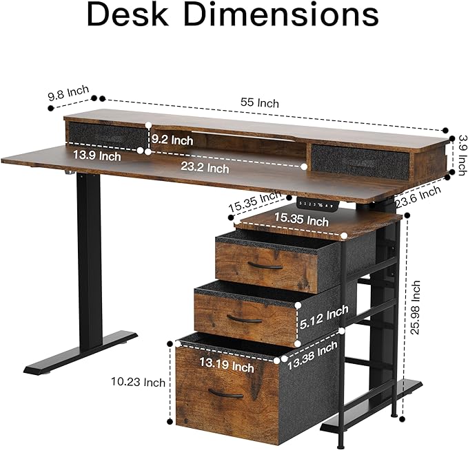 55 Inch Electric Standing Desk with Cabinet & Drawers, Height Adjustable Sit Stand Desk with Monitor Shelf, Smart Home Office Standing Computer Desk, Rustic Brown - LeafyLoom