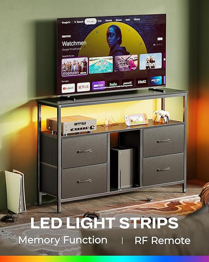 TV Stand Dresser with Power Outlets and LED Lights, 4 Drawers Entertainment Center with Open Shelf, Media Console for 50 43 Inch TV, Dresser with PU Finish, Black - LeafyLoom