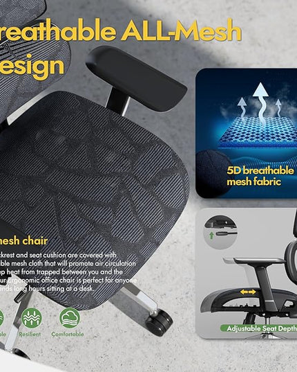 Office Chair Ergonomic Desk Chair, ALL-Mesh High Back Home Office Chair Lumbar Support, Reclining Gaming Chair Adjustable Armrests Headrest, Big and Tall Swivel Computer Chair 330LBS (Black) - LeafyLoom