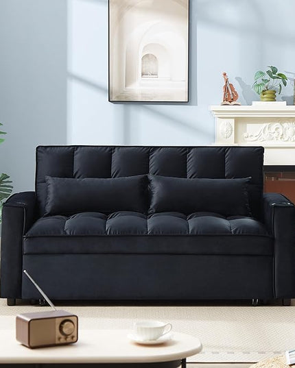64" Oversized Loveseat Sofa Convertible Spacious Full Size Sleeper Sofabed with Pull Out Couch Bed,Cupholders,USB Charging Ports and Storage Pockets for Home Apartment Office Living Room - LeafyLoom