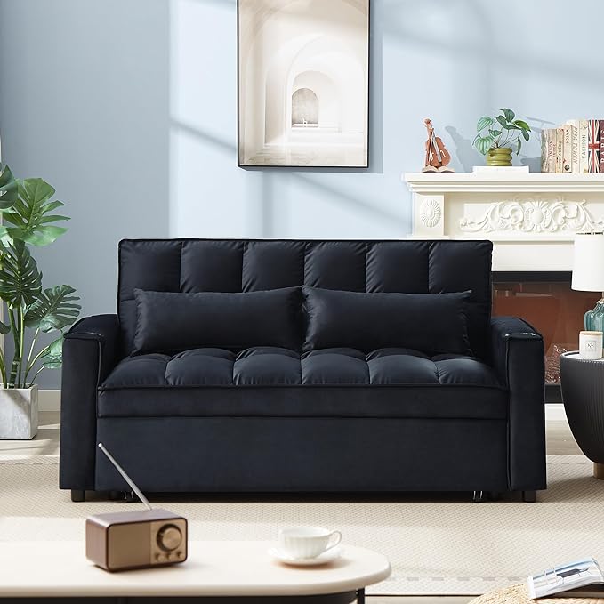 64" Oversized Loveseat Sofa Convertible Spacious Full Size Sleeper Sofabed with Pull Out Couch Bed,Cupholders,USB Charging Ports and Storage Pockets for Home Apartment Office Living Room - LeafyLoom