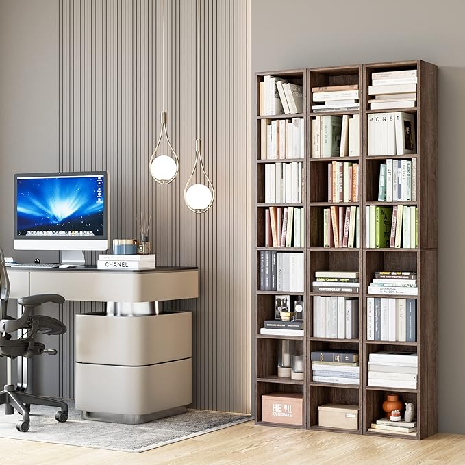 FOTOSOK 8-Tier Media Tower Rack, 11.6 X 9.3 X 70.9 Inches CD DVD Slim Storage Cabinet with Adjustable Shelves, Tall Narrow Bookcase Display Bookshelf for Home Office, Oak - LeafyLoom
