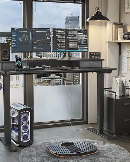 FEZIBO 40 x 24 Inch Height Adjustable Electric Standing Desk with Double Drawer, Stand Up Desk with Storage Shelf, Sit Stand Desk, Black - LeafyLoom