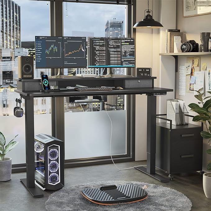 FEZIBO 40 x 24 Inch Height Adjustable Electric Standing Desk with Double Drawer, Stand Up Desk with Storage Shelf, Sit Stand Desk, Black - LeafyLoom