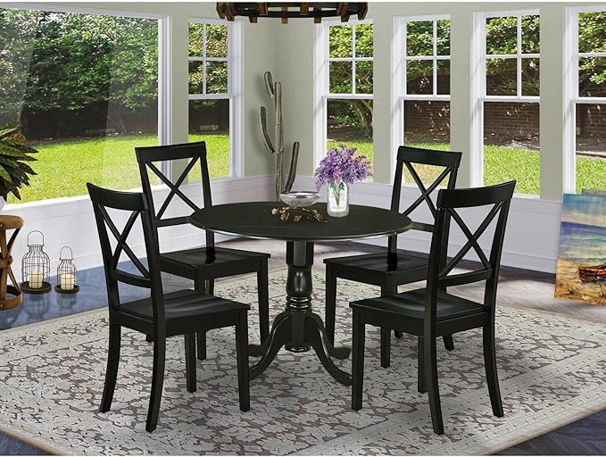 East West Furniture DLBO5-BLK-W 5 Piece Dinette Set for 4 Includes a Round Dining Room Table with Dropleaf and 4 Kitchen Dining Chairs, 42x42 Inch, Black - LeafyLoom