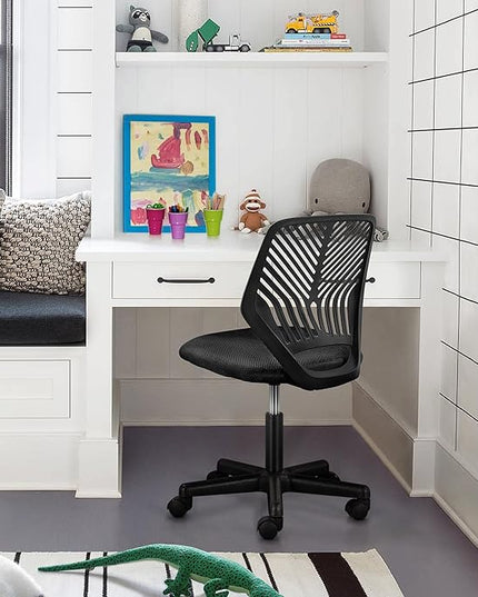 Yaheetech Students Cute Desk Chair Low-Back Armless Study Chair w/Lumbar Support Adjustable Swivel Chair in Home Bedroom School, Black - LeafyLoom