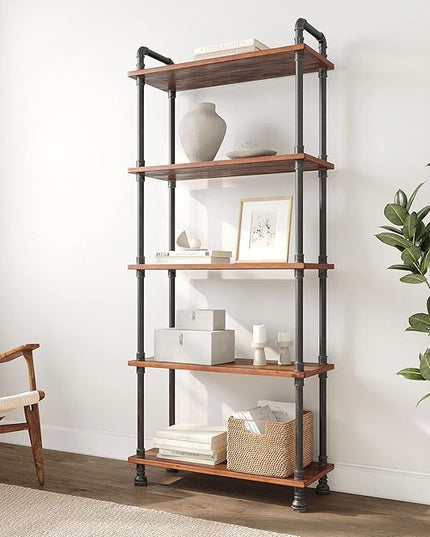 Barnyard Designs Rustic Industrial Bookshelf - Real Pine Wood with Sturdy Metal Frame - Tier Bookcase for Displaying Decor - No Tools Required Assembly (5-Shelf) - LeafyLoom