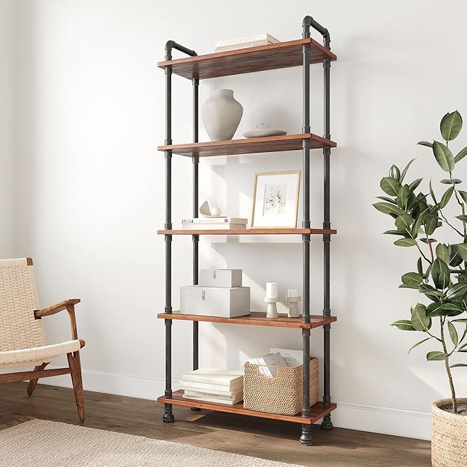 Barnyard Designs Rustic Industrial Bookshelf - Real Pine Wood with Sturdy Metal Frame - Tier Bookcase for Displaying Decor - No Tools Required Assembly (5-Shelf) - LeafyLoom