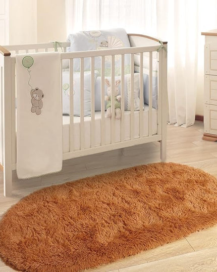 Merelax Soft Shaggy Rug for Kids Bedroom Oval 2.6'x5.3' Khaki Plush Fluffy Carpet for Living Room, Furry Carpet for Teen Girls Room, Anti-skid Fuzzy Comfy Rug for Nursery Decor Cute Baby Play Mat - LeafyLoom