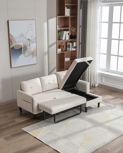 72.44" L-Shaped Reversible Sectional Sofa w/Pull Out Bed & Storage Chaise Lounge,Interior Furniture Comfy Sleeper Corner Couch with 3 Throw Pillows and Pockets,for Dorm,Apartment, Beige-1 - LeafyLoom