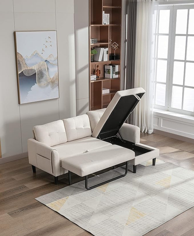 72.44" L-Shaped Reversible Sectional Sofa w/Pull Out Bed & Storage Chaise Lounge,Interior Furniture Comfy Sleeper Corner Couch with 3 Throw Pillows and Pockets,for Dorm,Apartment, Beige-1 - LeafyLoom