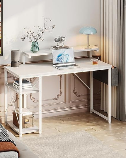 KKL 48 inch Small Computer Desk with Adjustable Monitor Stand, Home Office Desk & Workstation with Storage Shelves, Reversible Work Writing Study Table for Bedroom, White - LeafyLoom
