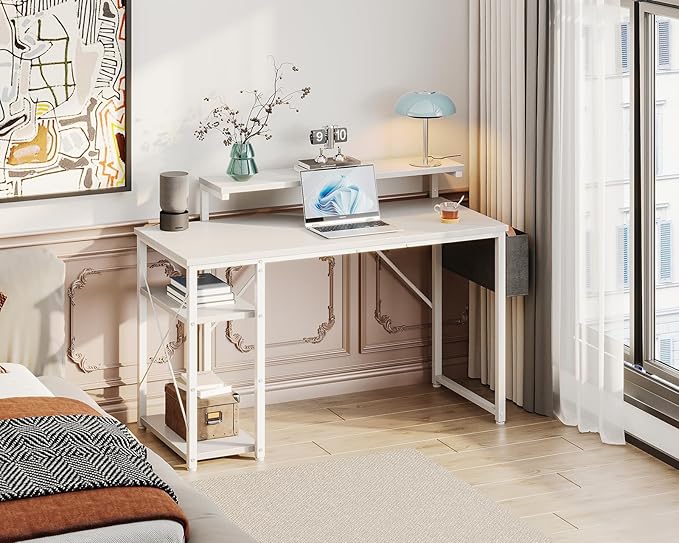 KKL 48 inch Small Computer Desk with Adjustable Monitor Stand, Home Office Desk & Workstation with Storage Shelves, Reversible Work Writing Study Table for Bedroom, White - LeafyLoom
