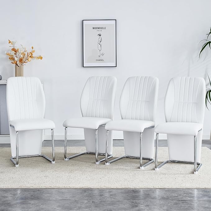 NicBex Dining Chairs Set of 4 Modern PU Dining Room Kitchen Chairs with Wrap-Around High Backrest,Silver Metal Legs,Chairs for Dining Room, Kitchen,Living Room, and Restaurants,White - LeafyLoom