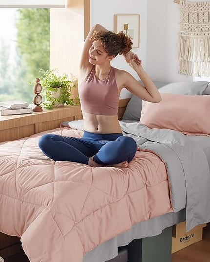 Bedsure Blush Pink Twin Comforter Set - 5 Pieces Reversible Twin Bed in a Bag, Extra Long Twin Bed Set with Comforters, Sheets, Pillowcase & Sham, Twin Bedding Sets for College - LeafyLoom