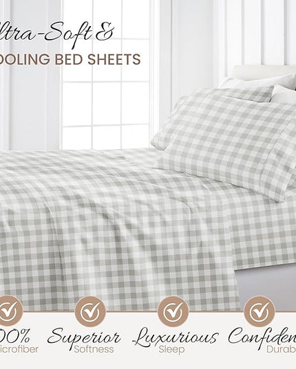 Linen Market 4 Piece Queen Bedding Sheet Set (Light Gray Plaid) - Sleep Better Than Ever with These Ultra-Soft & Cooling Bed Sheets for Your Queen Size Bed - Deep Pocket Fits 16" Mattress - LeafyLoom