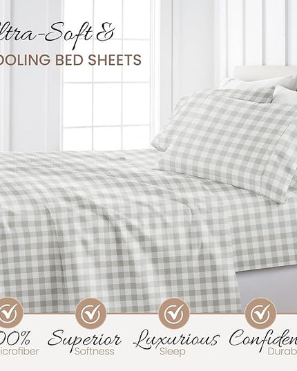 Linen Market 4 Piece King Bedding Sheet Set (Light Gray Plaid) - Sleep Better Than Ever with These Ultra-Soft & Cooling Bed Sheets for Your King Size Bed - Deep Pocket Fits 16" Mattress - LeafyLoom