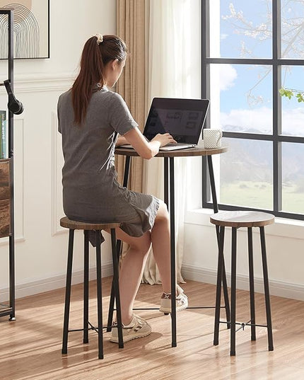 VECELO Small Bar Table and Chairs, Round Bistro Sets with 2 barstools, 3-Piece Pub Dining Furniture, Counter Height Wood Top for Breakfast Dinner Coffee Nap Conference, Easy Assembly - LeafyLoom