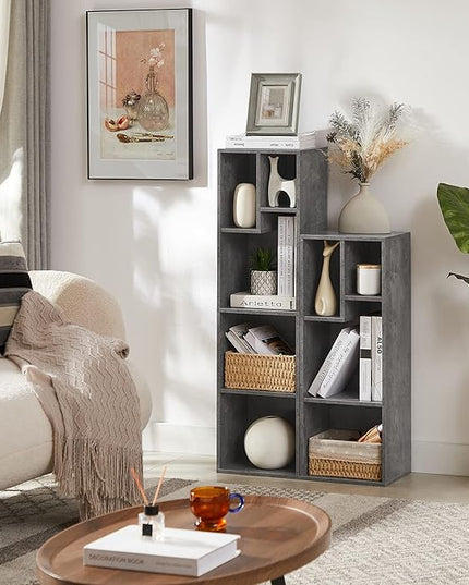 VECELO Small Bookshelf, 5 Cube Slim Bookcase, Fits Tallest Hardcovers, Horizontal Available, Modern Floor Standing Unit, Each Shelf Hold Up to 66 LBS,Modern Gray - LeafyLoom