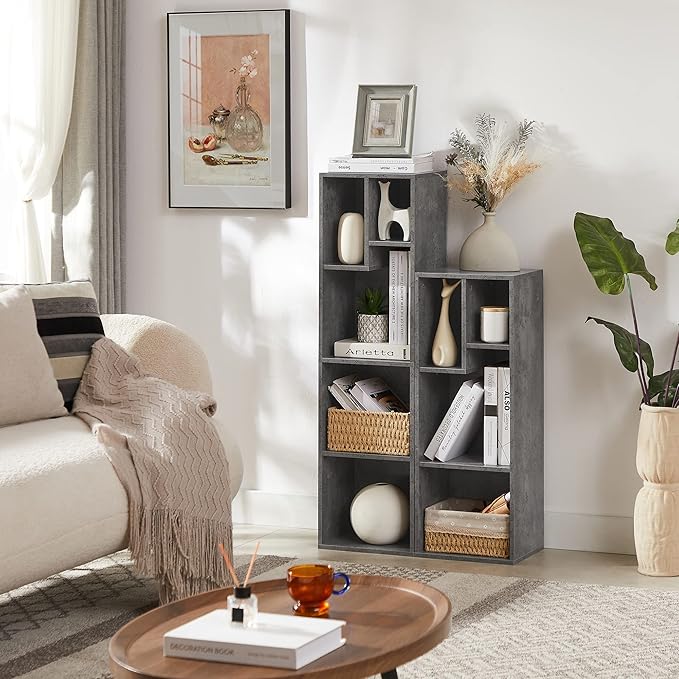 VECELO Small Bookshelf, 5 Cube Slim Bookcase, Fits Tallest Hardcovers, Horizontal Available, Modern Floor Standing Unit, Each Shelf Hold Up to 66 LBS,Modern Gray - LeafyLoom