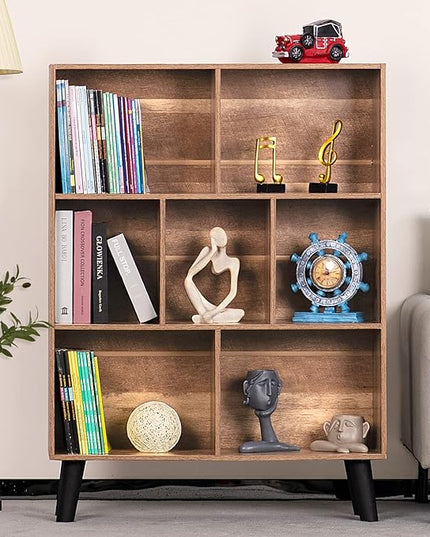 LEYAOYAO 7 Cube Bookshelf 3 Tier Modern Bookcase with Legs,Wood Book Shelves Storage Organizer Shelf,Free Standing Bookcases,Oak Display Bookshelves - LeafyLoom