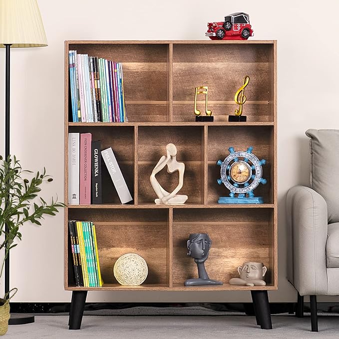 LEYAOYAO 7 Cube Bookshelf 3 Tier Modern Bookcase with Legs,Wood Book Shelves Storage Organizer Shelf,Free Standing Bookcases,Oak Display Bookshelves - LeafyLoom