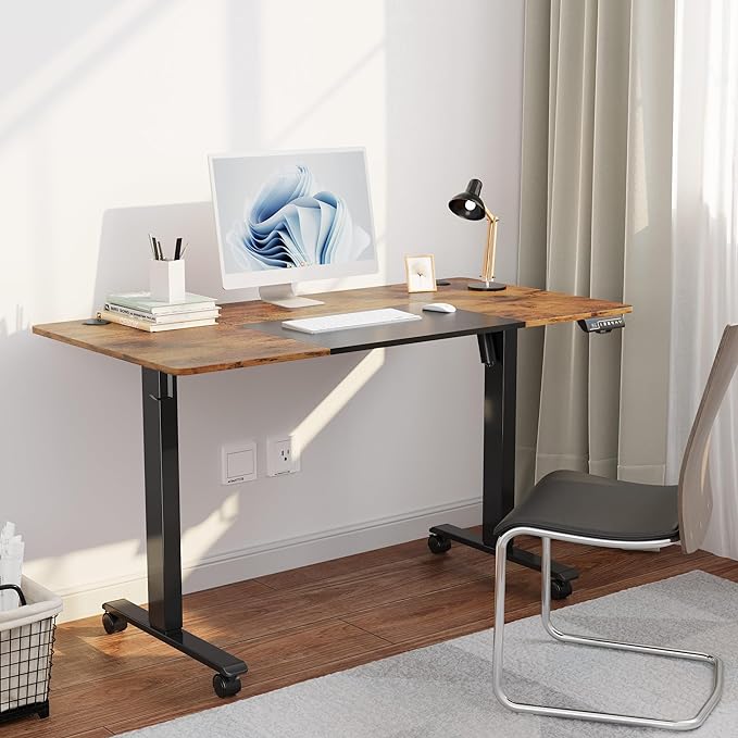 MOUNTUP 55x28 Inches Electric Height Adjustable Standing Desk, Sit Stand Desk with Memory Controller, Ergonomic Stand Up Desk for Home Office with Splice Board, Rustic Brown+Black - LeafyLoom