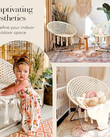 PASAMIC Boho Chair with Folding Metal Frame, 100% Cotton Handmade Round Cozy Chairs, Exquisite Comfy Chair for Bedroom, Living Room Décor Beige - LeafyLoom