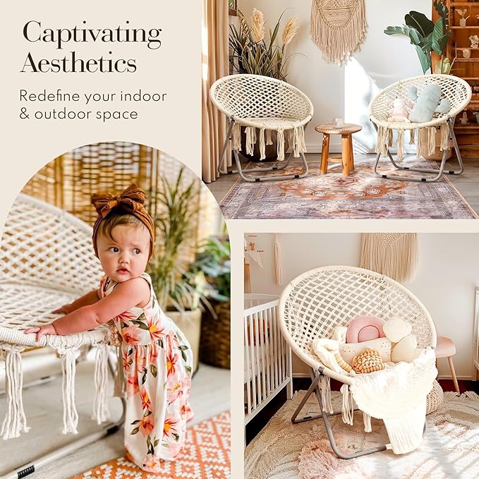 PASAMIC Boho Chair with Folding Metal Frame, 100% Cotton Handmade Round Cozy Chairs, Exquisite Comfy Chair for Bedroom, Living Room Décor Beige - LeafyLoom