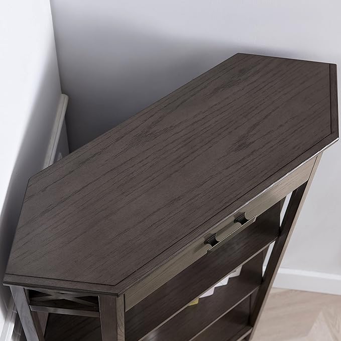 Leick Home 84263 Mantel Height 3-Shelf Corner Bookcase with Drawer Storage, Gray Oak - LeafyLoom
