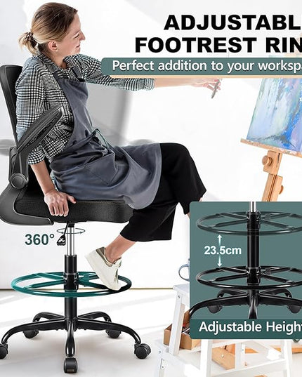 FelixKing Drafting Chair Ergonomic Tall Office Chair, Breathable Mesh Chair with Adjustable Footrest Ring Lumbar Support Flip-up Armrests, High Back Executive Comfy Task Computer Chair for Home Office - LeafyLoom