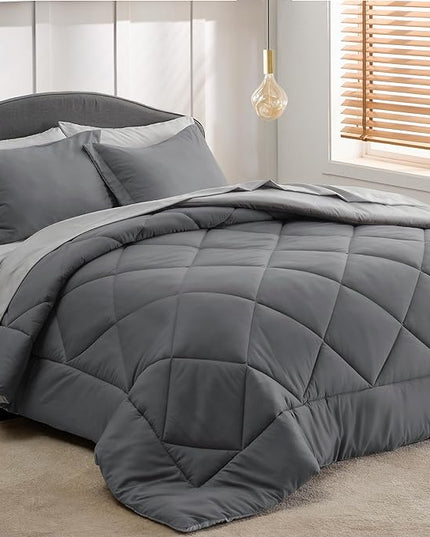 Bedsure Dark Grey Twin XL Comforter Set - 5 Pieces Reversible Twin XL Bed in a Bag for College, Extra Long Twin Bed Set Dark Grey with Comforters, Sheets, Pillowcase & Sham - LeafyLoom