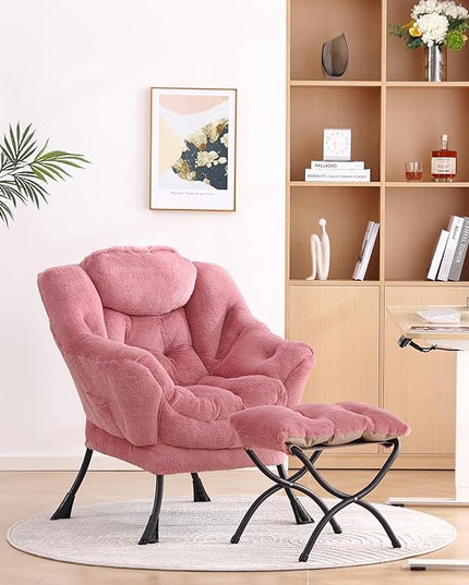 LITA Lazy Chair with Ottoman, Modern Accent Leisure Upholstered Sofa Chair, Lounge Reading Chair with Armrests and a Side Pocket for Living Room, Bedroom & Small Space, Plush Dark Pink - LeafyLoom