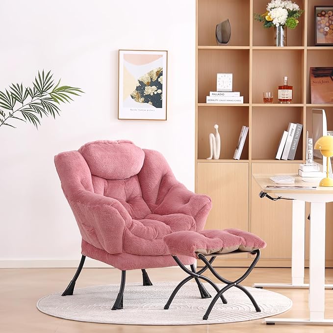 LITA Lazy Chair with Ottoman, Modern Accent Leisure Upholstered Sofa Chair, Lounge Reading Chair with Armrests and a Side Pocket for Living Room, Bedroom & Small Space, Plush Dark Pink - LeafyLoom