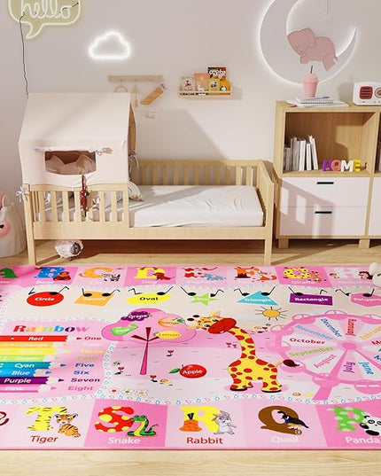 Pink Playroom Rug 4x6,Rugs for Girls Kids Bedroom Nursery Rug,ABC Rug with Alphabets Animals Shapes,Educational and Fun Child Playmat Baby Care Rug,Learning Rug Carpets for Children Toddler - LeafyLoom