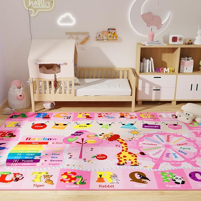 Kids Rug 5x7 Pink Rugs for Girls Bedroom Playroom Child Play Mat Educational and Fun Baby Care Rugs,Learning Rug with ABC Alphabets Animals Shapes No-Slip Carpets for Children Toddler Washable - LeafyLoom