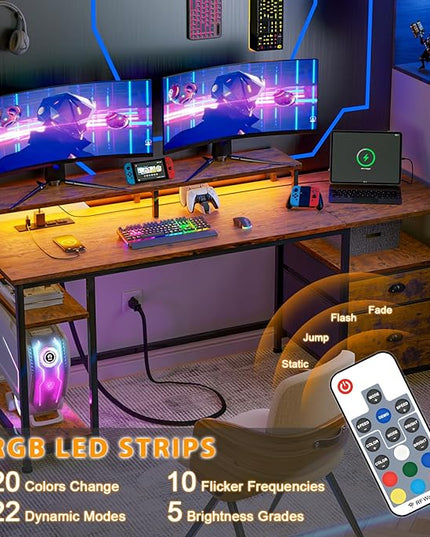 Furologee 61" Computer Desk with Power Outlet and USB Ports, Large Desk with Shelves and Drawer, Writing Study Desk with Fabric File Cabinet and Long Monitor Stand, Gaming Desk for Home Office - LeafyLoom